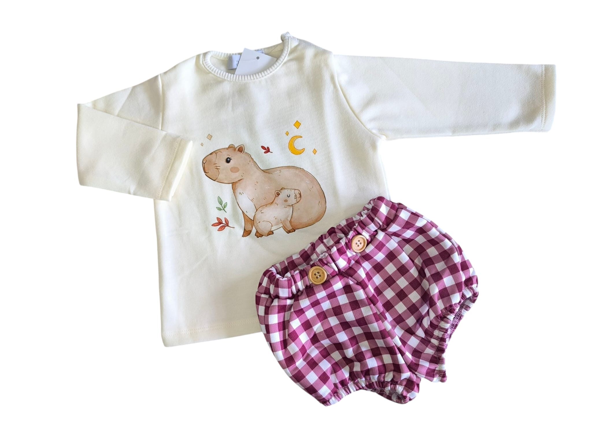 conjunto capibara niño ,parte de arriba afelpada por dentro con estampado de capibara y pantalón en vichy